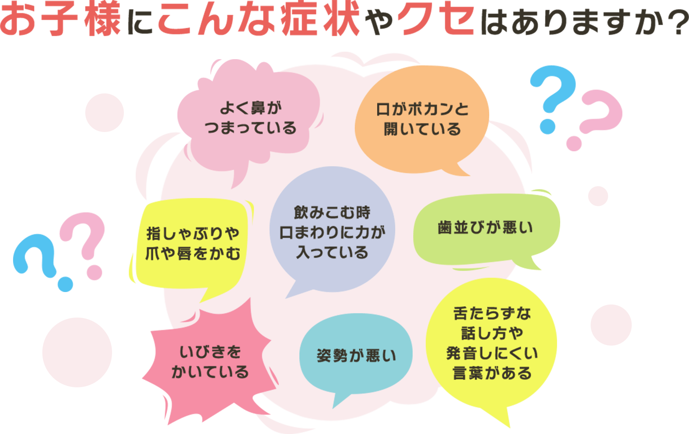 お子様にこんな症状やクセはありますか？ よく鼻がつまっている 口がポカンと開いている 指しゃぶりや爪や唇をかむ 飲み込む時に口まわりに力が入っている 歯並びが悪い いびきをかいている 姿勢が悪い 舌たらずな話し方や発音しにくい言葉がある